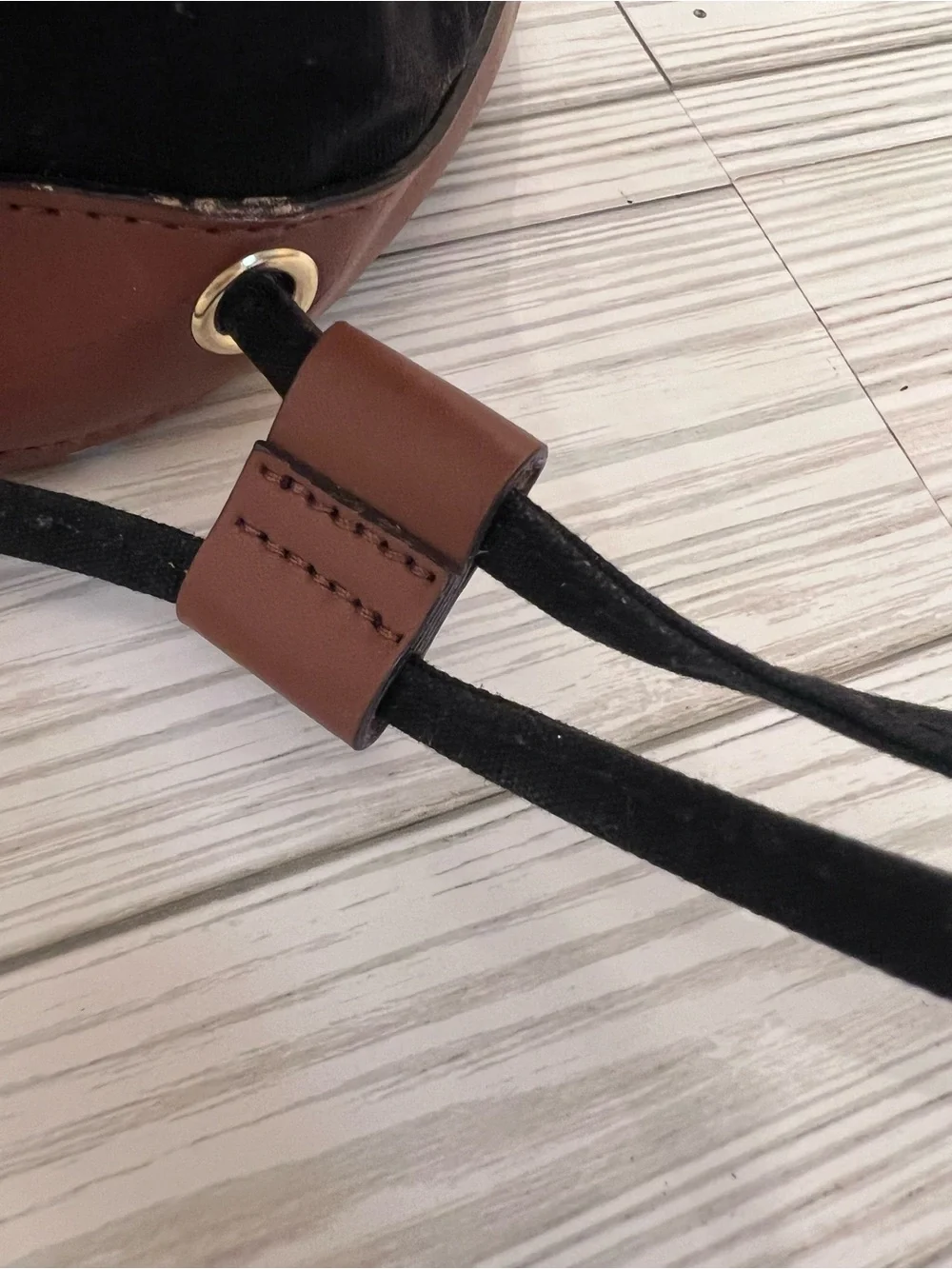 Henri Bendel Black Canvas & Brown Leather Drawstring Bag